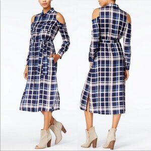 Maison Jules Cold Shoulder Plaid Midi Dress Blue